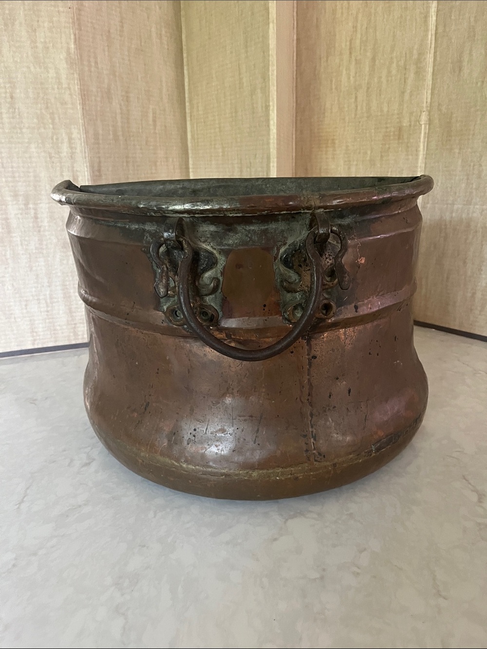Antique copper coal hod scuttle copper riveted rolled seams very heavy mountable
